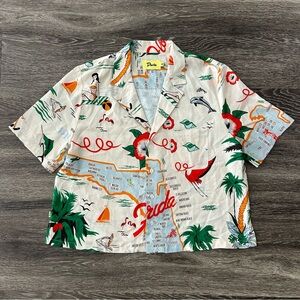 Duvin Design Florida Retro Print Button Front Top Women’s M Tencel Linen Shirt